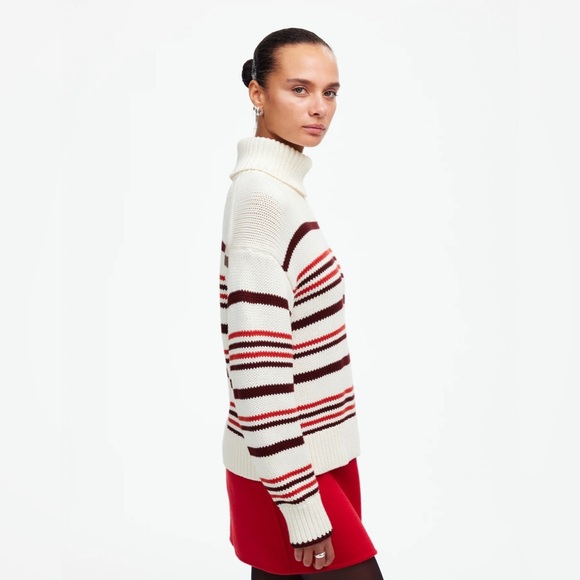NWT Madewell Ribbed Chunky Turtleneck Sweater in Cabernet Stripe, Sizes S & XL - Picture 4 of 14
